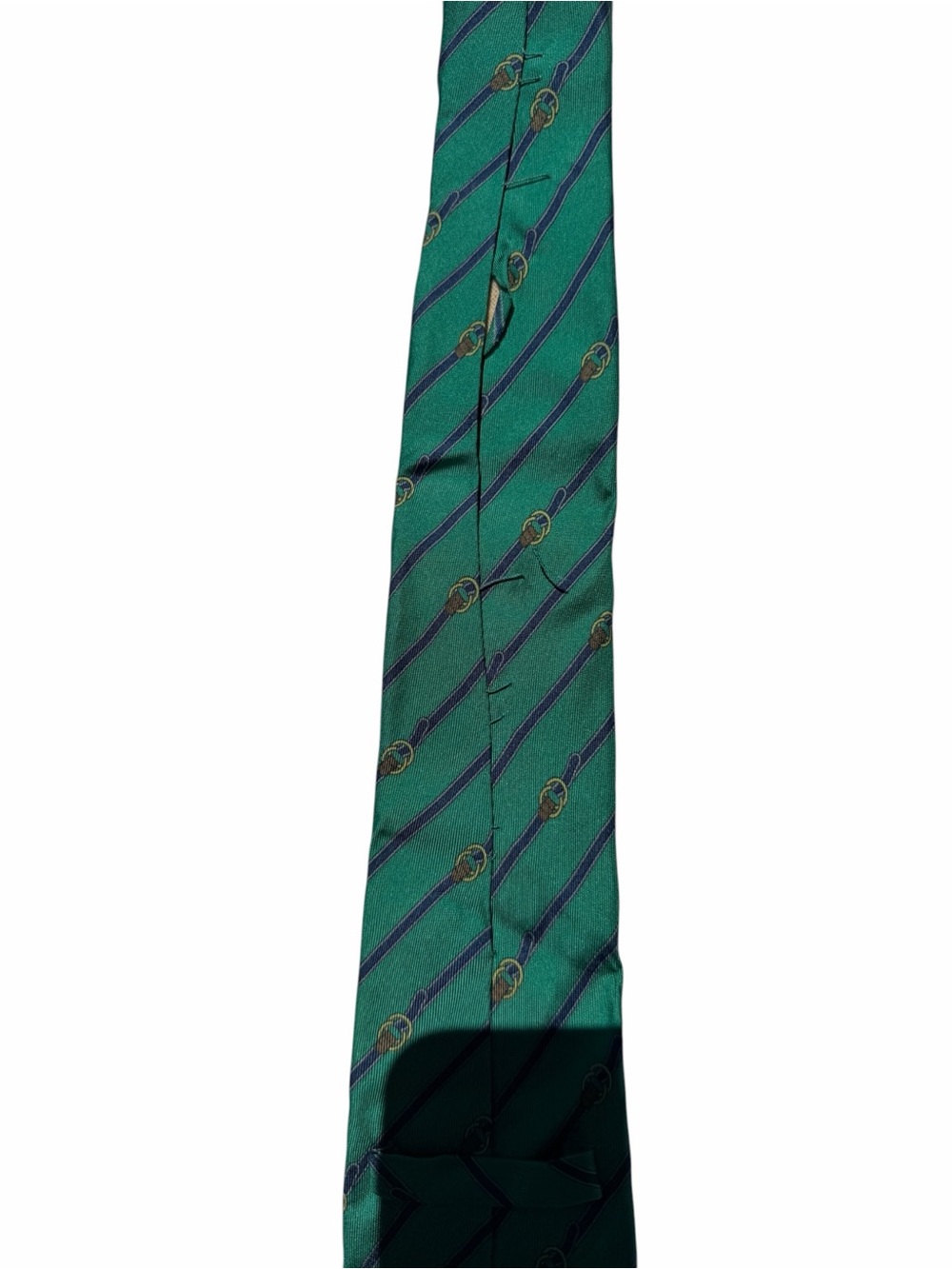 Gucci Green Tie with Navy Diagonal Stripes and Gold Motifs vintage repurpose - Picture 9 of 10
